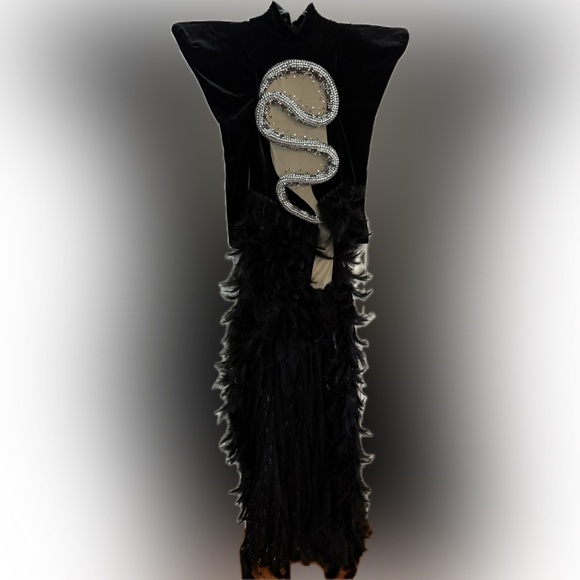 Oscars Rhinestone Black Feathered Gown - Picture 3 of 7